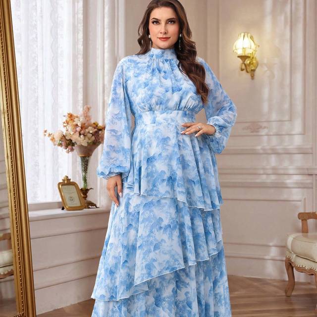 SHEIN Plus Size Women&#39;s Spring & Summer Tie-Dye Print Stand Collar Lantern Sleeve Ruffle Hem Dress