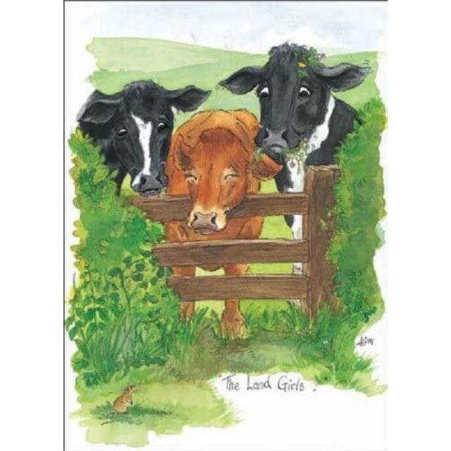 The land girls munching cows alison's animals cartoon greeting card funny