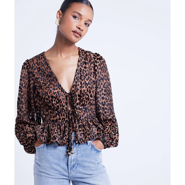 River Island – Leopardmönstrad topp i sammet med knytning framtill-Brun