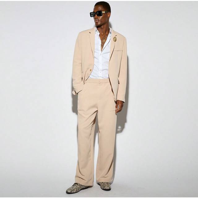 Manfinity 2pcs Men&#39;s Casual Solid Color Woven Blazer And Elastic Waist Suit Pants Set