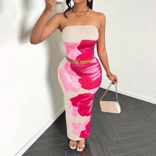 VaVaBold 2pcs/Set Summer Sexy Floral Print Cropped Tube Top & Skirt