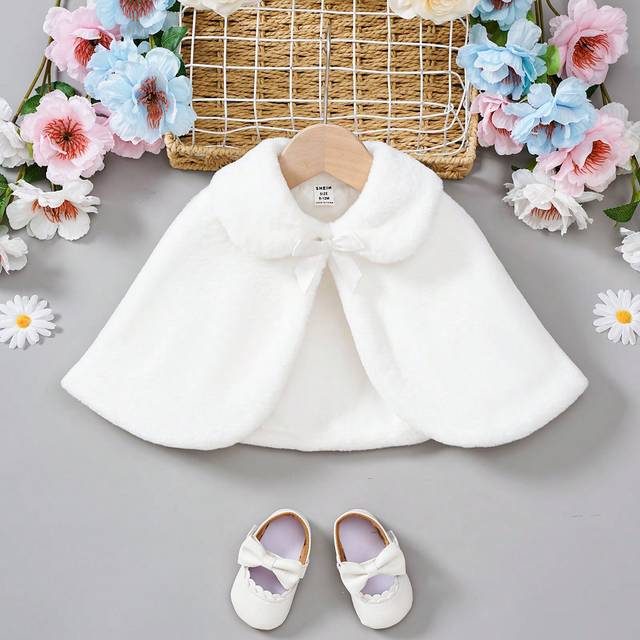 SHEIN New Autumn And Winter White Fur Thermal Lined Thick Warm Qianjin Academy Casual Daily Cute Elegant Coat For Baby Girls