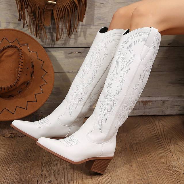 SHEIN 2024 New Vintage Embroidered Western Boots, White Over The Knee V-Cut Knight Fashion Boots For Women