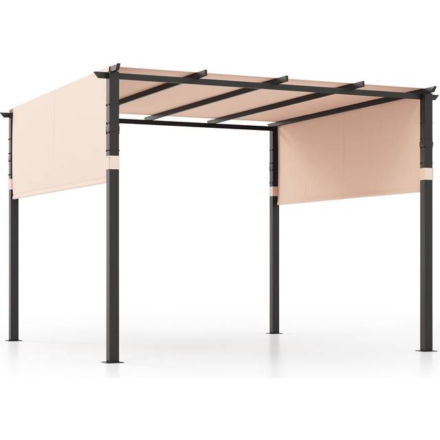 Costway 3.5 x 3.5m Beige Metal Frame Flat Top Pergola with Retractable Canopy - Cream