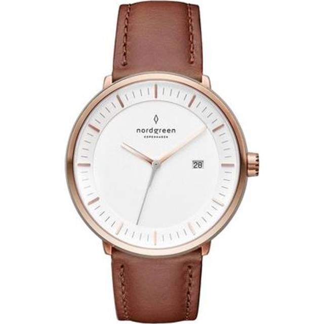 Nordgreen Scandinavian Men's Dress Watch - White Dial - Rose Gold Case - Brown Vegan Leather Strap