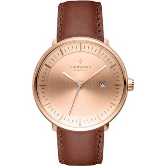 Nordgreen Minimimal Women's Thin Classy Watch - Rose Gold Case - Brushed Metal Dial - 36mm Leather Brown Strap