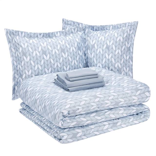 Amazon Basics Full/Queen Comforter Set with Sheets  5-Piece Gray Leaf Bedding  Lightweight Microfiber Bed-in-a-Bag