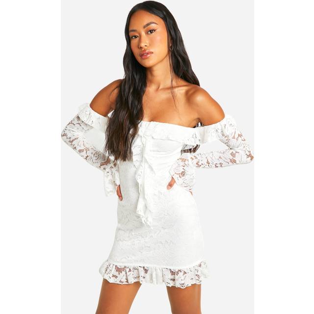Womens Lace Bardot Flare Sleeve Mini Dress - White - 18, White