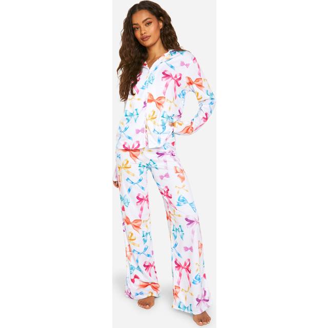 Womens Bow Print Long Sleeve Shirt & Trousers Pyjama Set - Multi - 6