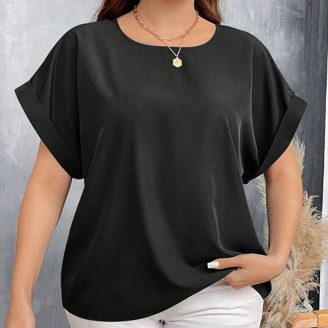 Luneh Plus Size Women&#39;s Fall Solid Color Crew Neck Batwing Sleeve Casual Blouse Women Tops Black Shirt