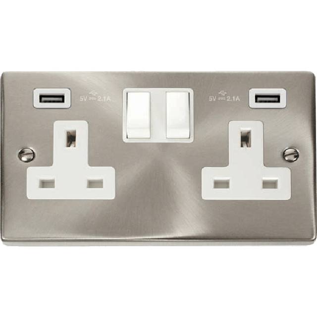 Click Deco 13A 2G Switched Socket with Twin 2.1A USB Outlets Satin Chrome Insert White