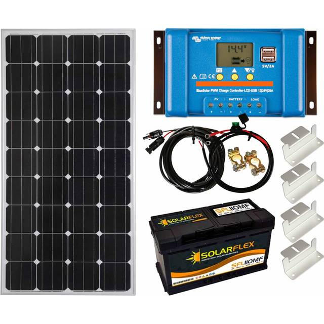 Lowenergie 150w Mono Solar Panel Kit Battery+ Charging Controller PWM-USB ZMount with Mounting Brackets, Cables, TBranches and 100Ah SolarFlex Battery