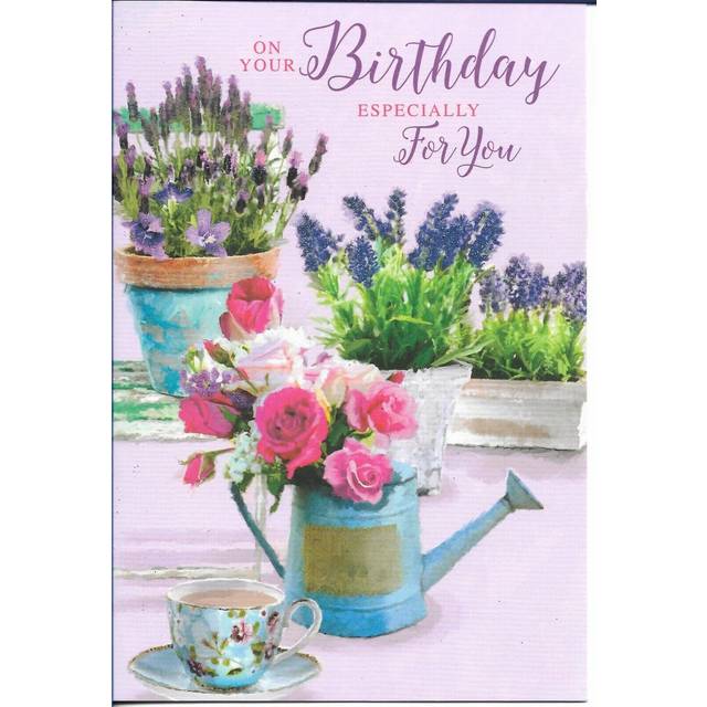 Open female birthday greeting card 7"x5" watering can and flowers design