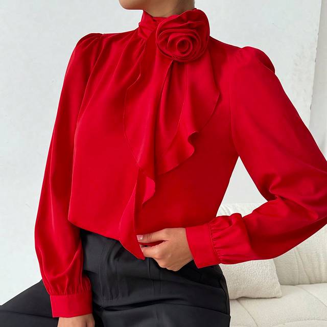 RosyDaze Women&#39;s Elegant 3D Floral Ruched Collar Fall Blouse, Spring And Autumn For New Year Clothes,Long Sleeve Tops