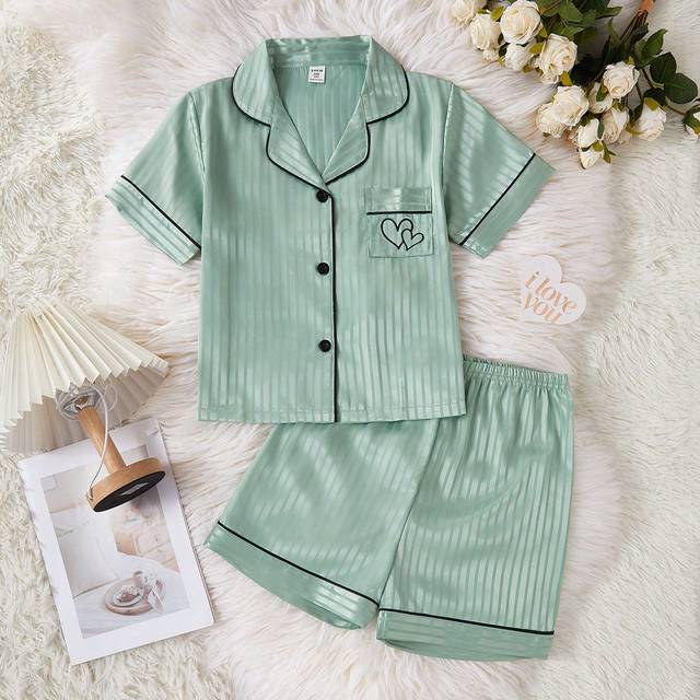 SHEIN Tween Girls Pajamas Set - Simple Striped  Knit Short Sleeve Cardigan And Shorts Casual Sleepwear