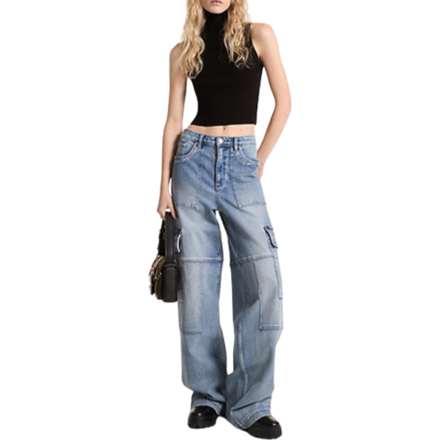 MK Stretch Denim Wide-Leg Cargo Jeans - Blue - Michael Kors