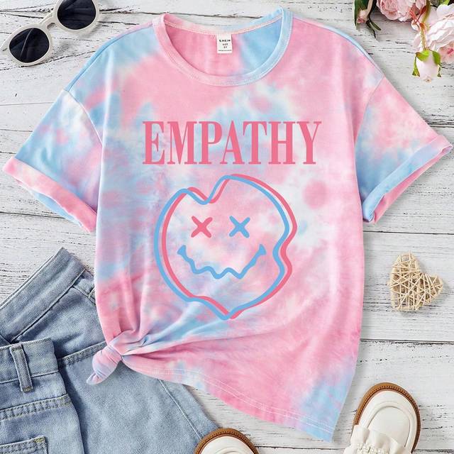SHEIN Girls Oversized Tie-Dye Smiling Face Loose Crew Neck Short Sleeve Tee