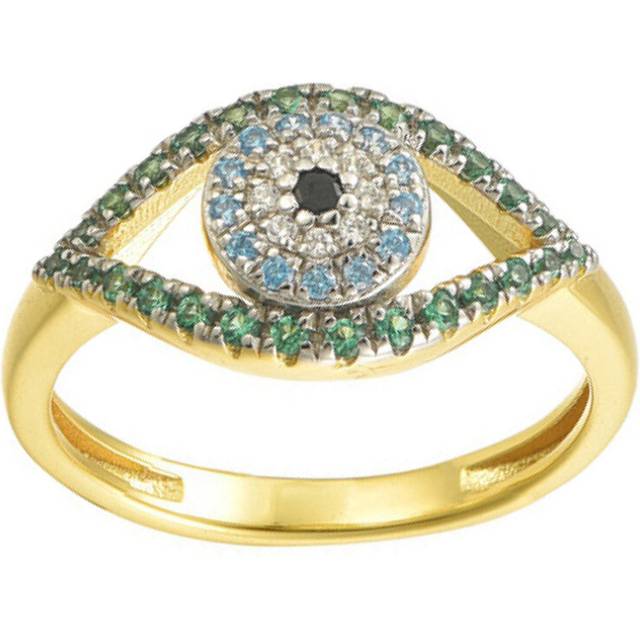 (Q) Jewelco London 925 Siver 14ct Gold Plated CZ Set Evil Eye Ring - ARN197