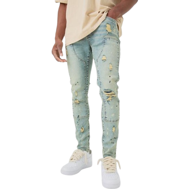 Skinny Stretch Ripped Carpenter Jeans In Antique Blue - 36R