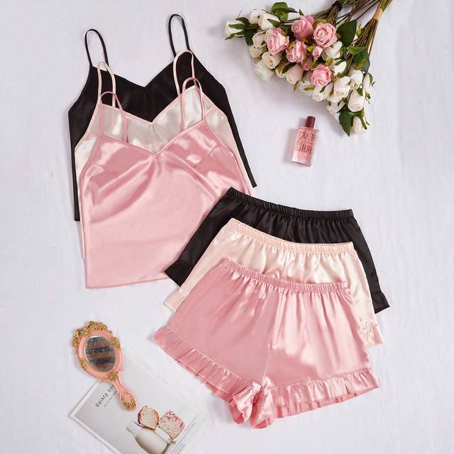 SHEIN 6pcs Solid Color Ruffle Strap Short Pajama Shorts & Sleepwear Sets, Faux Silk