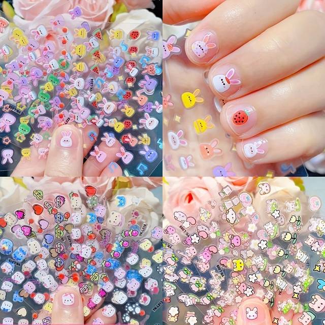 SHEIN 10pcs Mixed Cute Cartoon Nail Art Stickers, DIY Princess Waterproof Nail Decals, Adorable Rabbit, Kitty, Heart And Flower Nail Stickers
