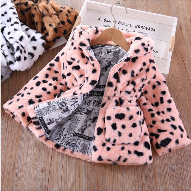 (Pink cows, 4-5Years) Kids Girls Fur Coat Warm Winter Jacket Outwear NEW