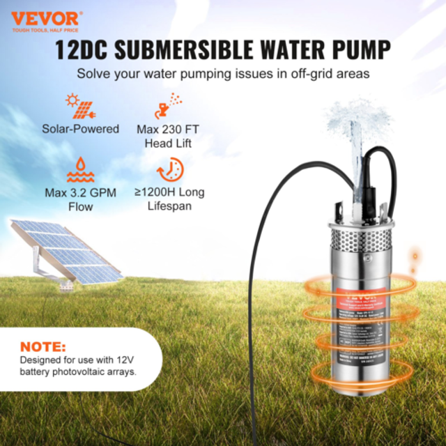 VEVOR Solar Vattenpump, 12V DC 120W dränkbar djupbrunnspump, Max Flow 3,2 GPM, Max Head 230 ft, Max Submersion 98,4 ft, Solar Powered Water Pump for Well, Farm Ranch Bevattning, Boskapsdrickning