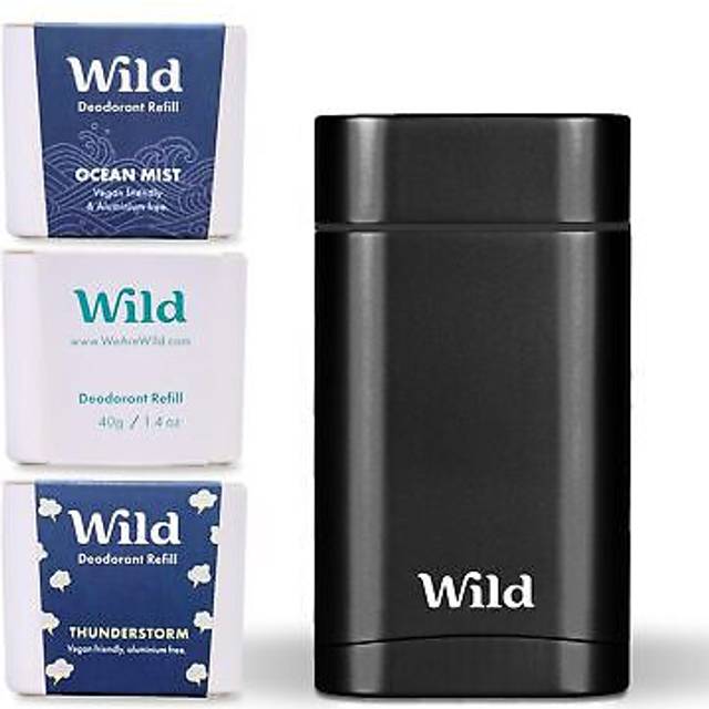 Wild - Mens Natural Refillable Deodorant Starter Kit - Black Case with Fresh Cotton & Sea Salt, Ocean Mist & Thunderstorm Scents - Long Lasting