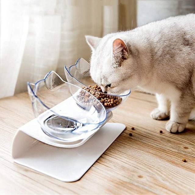 15Â¡Ã£Elevated Cat Food Bowls With Silicone Pet Mat, Double Raised Cat-Neck Protector Double Bowl White