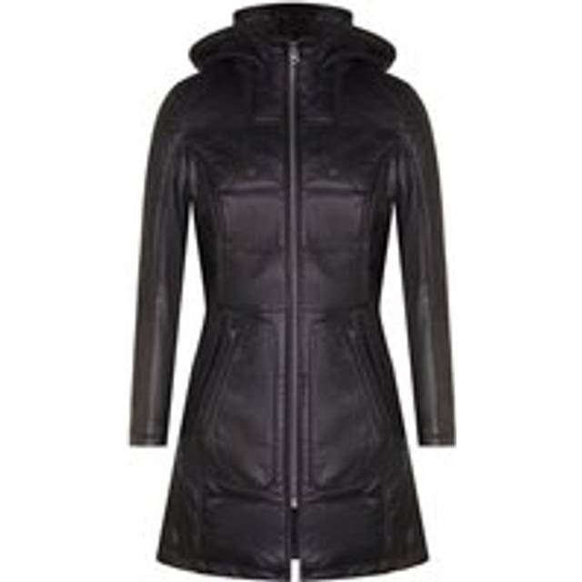 Womens Leather Hooded Quilted Parka Coat-Olney - Black - 12