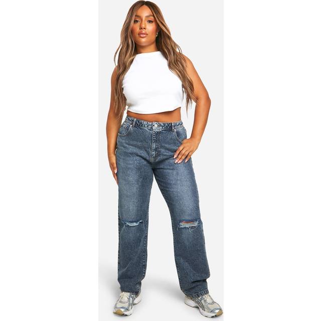 Womens Plus Basics High Waisted Straight Leg Ripped Knee Jeans - Vintage Blue - 28