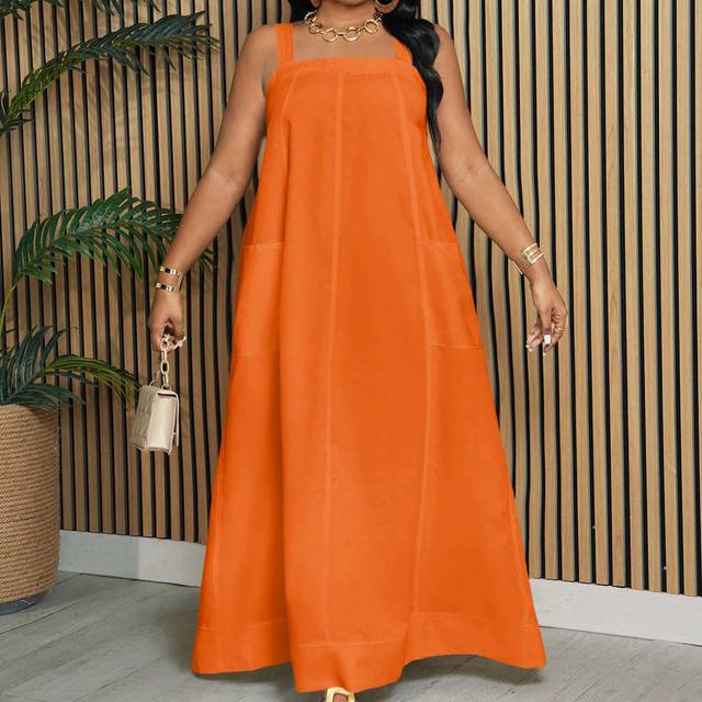 Slaydiva Plus Size Loose Solid Sleeveless Pocket A-Line Hem Dress For Ladies, Spring Summer - C