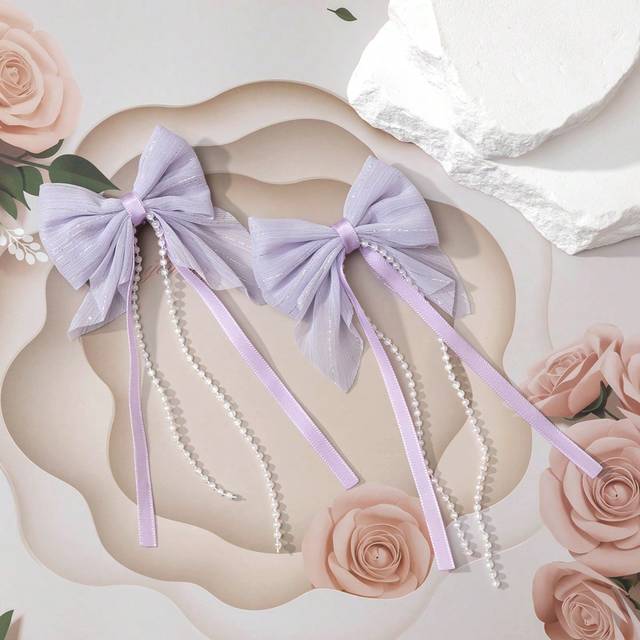 SHEIN 2pcs Set Light Purple Tasseled Pearl Ribbon Bow Hair Clips For Kids