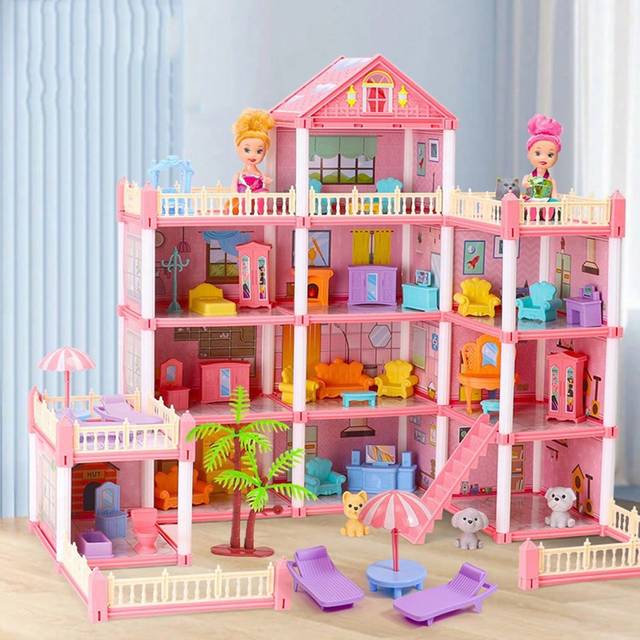 SHEIN New Doll House Girls Toys,Playhouse With Dolls Toy Figures With Light,Accessories, Furniture Pretend Play Toys For 3 4 5 6 7 Year Old Girls(Random Com