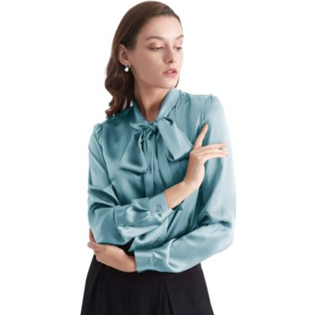 LILYSILK Silk Shirt UK Skin Friendly Women Bow-Tie Neck Silk Blouse Blue S - Blue Haze