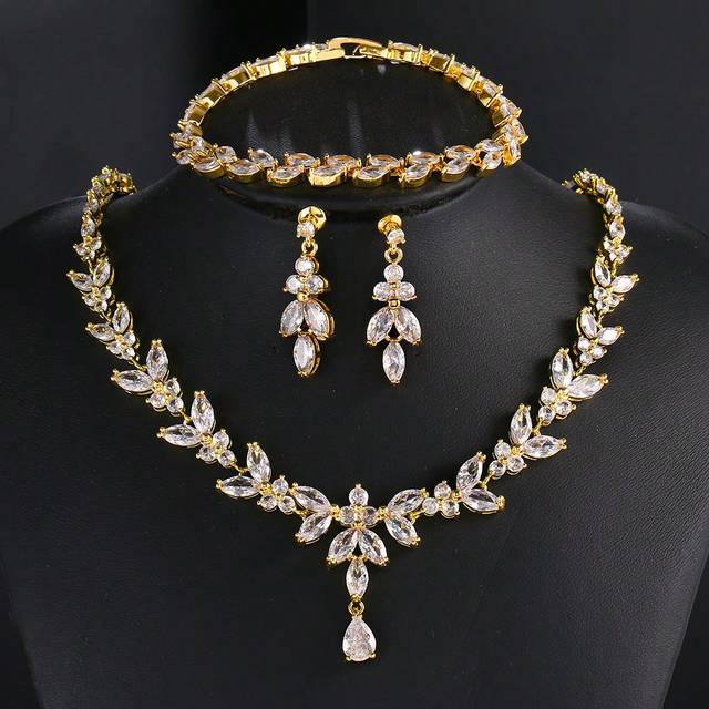 SHEIN 3pcs/Set Luxury Copper Zirconia Necklace & Earrings Jewelry Set, For Party & Wedding Gift