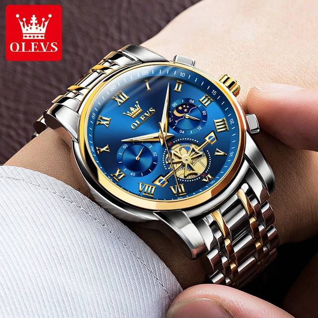 OLEVS. OLEVS Top Men&#39;s Watch Tourbillon Style Fashion Original Quartz Watch 3Bar Waterproof Sports Moon Phase Watch Night Light Chronograph Men&#39;s Gift