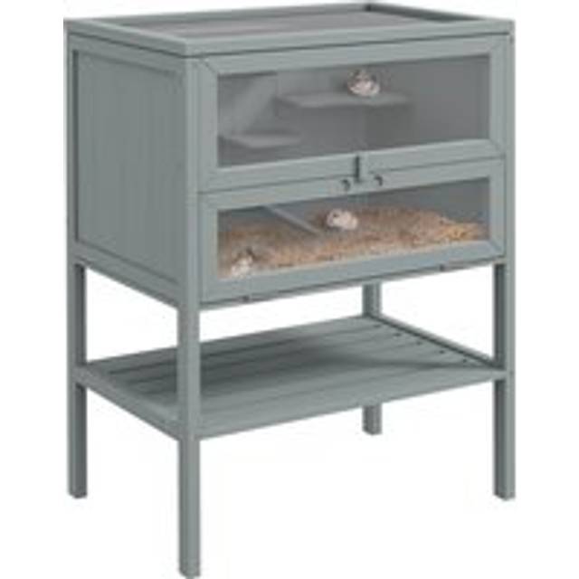 Pawhut Wooden Hamster Cage 3 Tier House W/ Storage Shelf, Openable Top For Gerbils, Grey