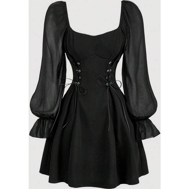 SHEIN Tie Front Drawstring Bell Sleeve Black Dress, Fall Women&#39;s Clothing, Formal Dresses, Fall Wedding Guest Dresses Bride, Elegant Dresses, Date Evening D