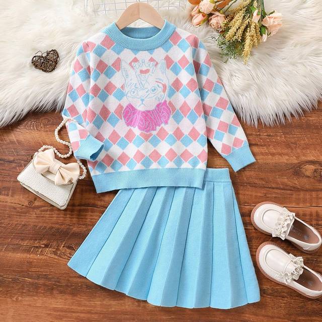 SHEIN 2pcs/Set Toddler Girls Simple School Style Casual Cute Cat Printed Long Sleeve Top And Pleated Skirt Set, Young Girl Fall Clothing