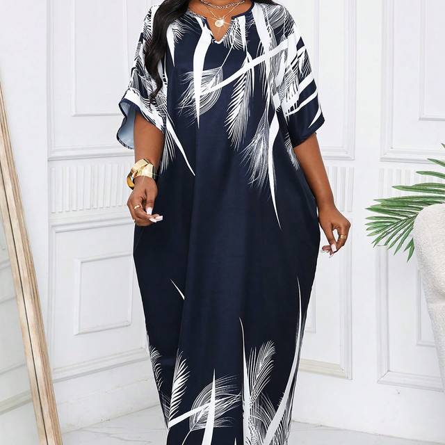 SHEIN Spring And Summer Autumn And Winter Elegant  Navy Blue Woven Notched Kaftan Dress Plus Size Dresses