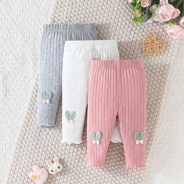 SHEIN 3pcs/Set Baby Girl Cartoon Bunny Ear Decor Ribbed Pants Set