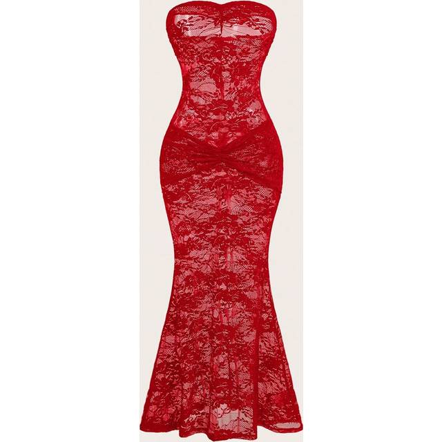 Opulessa Casual Knitted Lace Slim Fit Strapless Mermaid See Through Dress For Women Maxi Women  Bachelorette  Sexy  Dresses Party Sexy