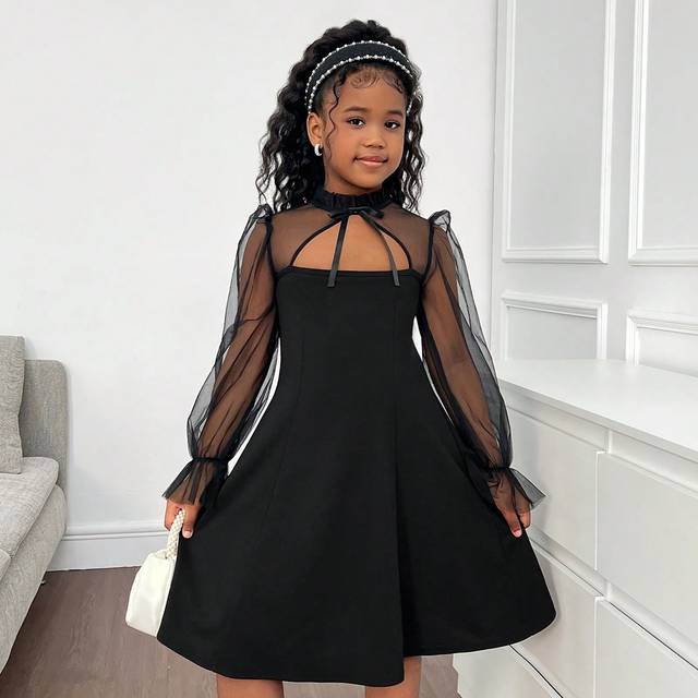 SHEIN Tween Girls Black Elegant Sheer Mesh Contrast Hollow-Out Big Swing Princess Party Halloween Dress