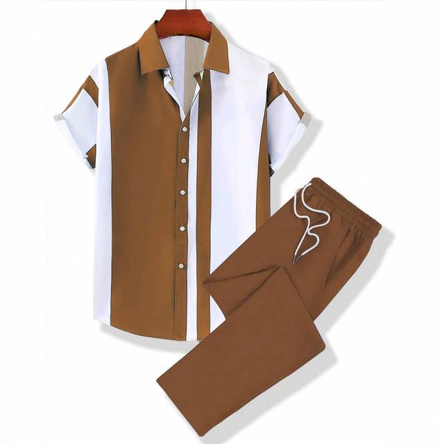 Manfinity Men&#39;s Summer Color Blocking Short Sleeve Single-Breasted Shirt And Drawstring Waist Pants Casual Suit (Irregular Cutting)
