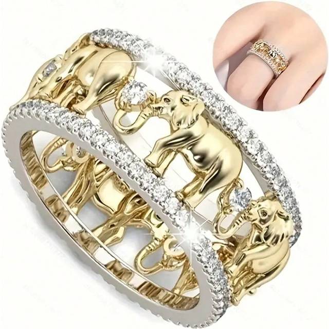 SHEIN New Fashion Jewelry Exaggerated Elegant Gold Elephant Shape Women&#39;s Ring Wrapped With Rhinestone, Minimalist & Refined Couple Rings, Best Birthday/Ann