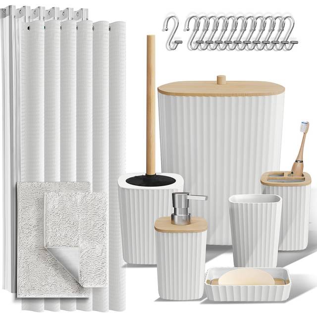 Clara Clark Bathroom Accessories Set - 22PC Bathroom Set  Bathroom Sets with Shower Curtain and Rugs  White Shower Curtain Set with Bathroom Trash Can
