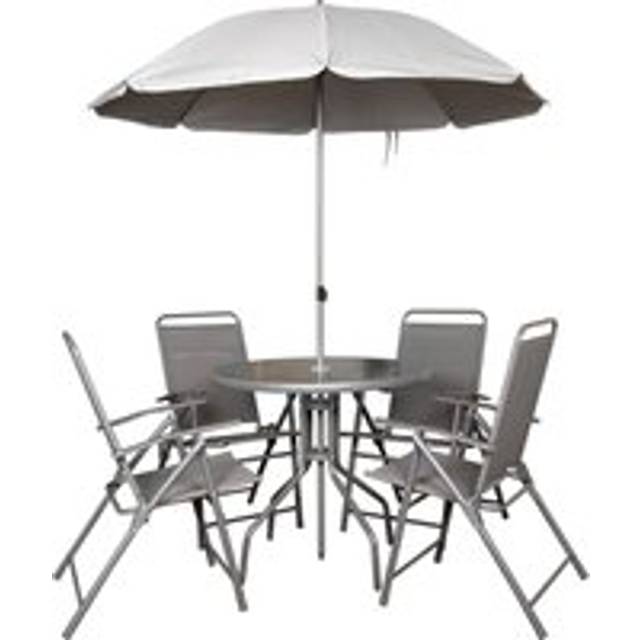 Samuel Alexander Outdoor 4 Seater Round Glass Top Table and Chairs Patio Set with Parasol in Grey