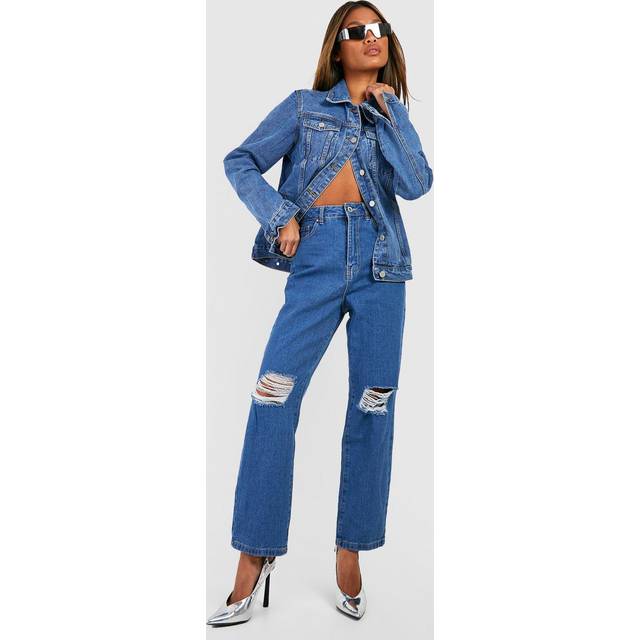 Womens Basics High Waisted Ripped Straight Leg Jeans - Blue - 8, Blue