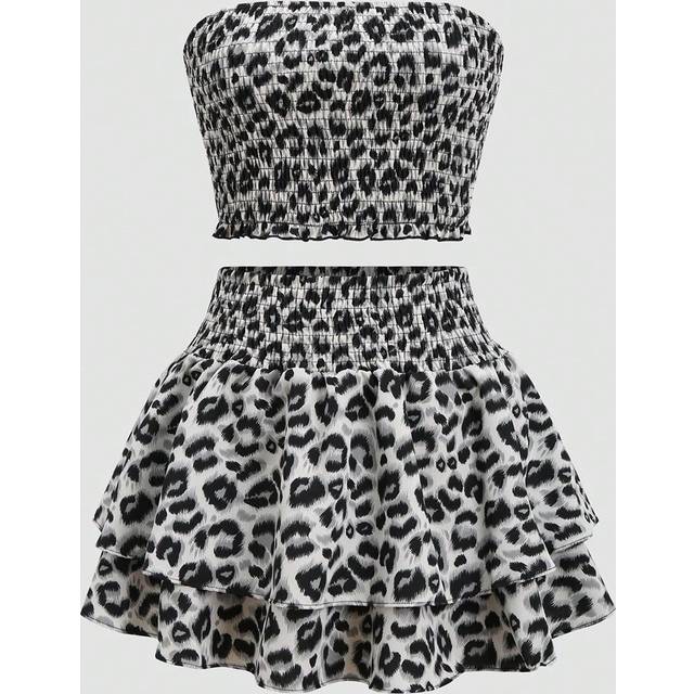 Sweetra 2pcs/Set Sleeveless Leopard Print Top And Numeric Skirt Casual Set Y2K OutfitÂ